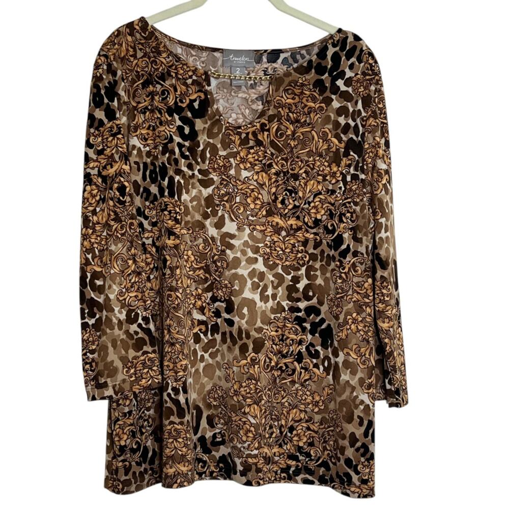 Chicos Travelers Womens Top L Brown Leopard Baroque Chain Neck Slinky Knit